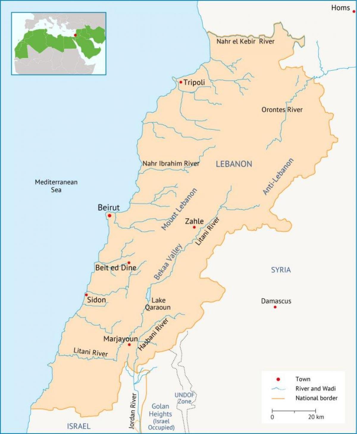 לבנון נהרות מפה