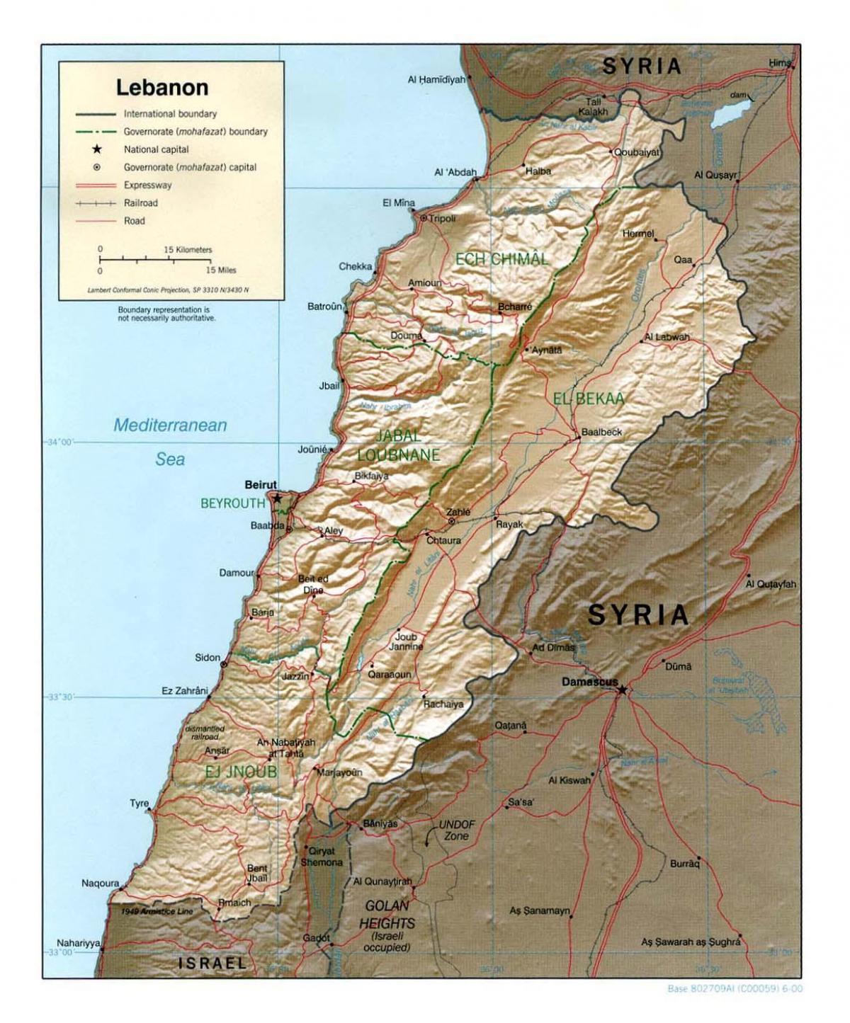 מפה של לבנון טופוגרפית