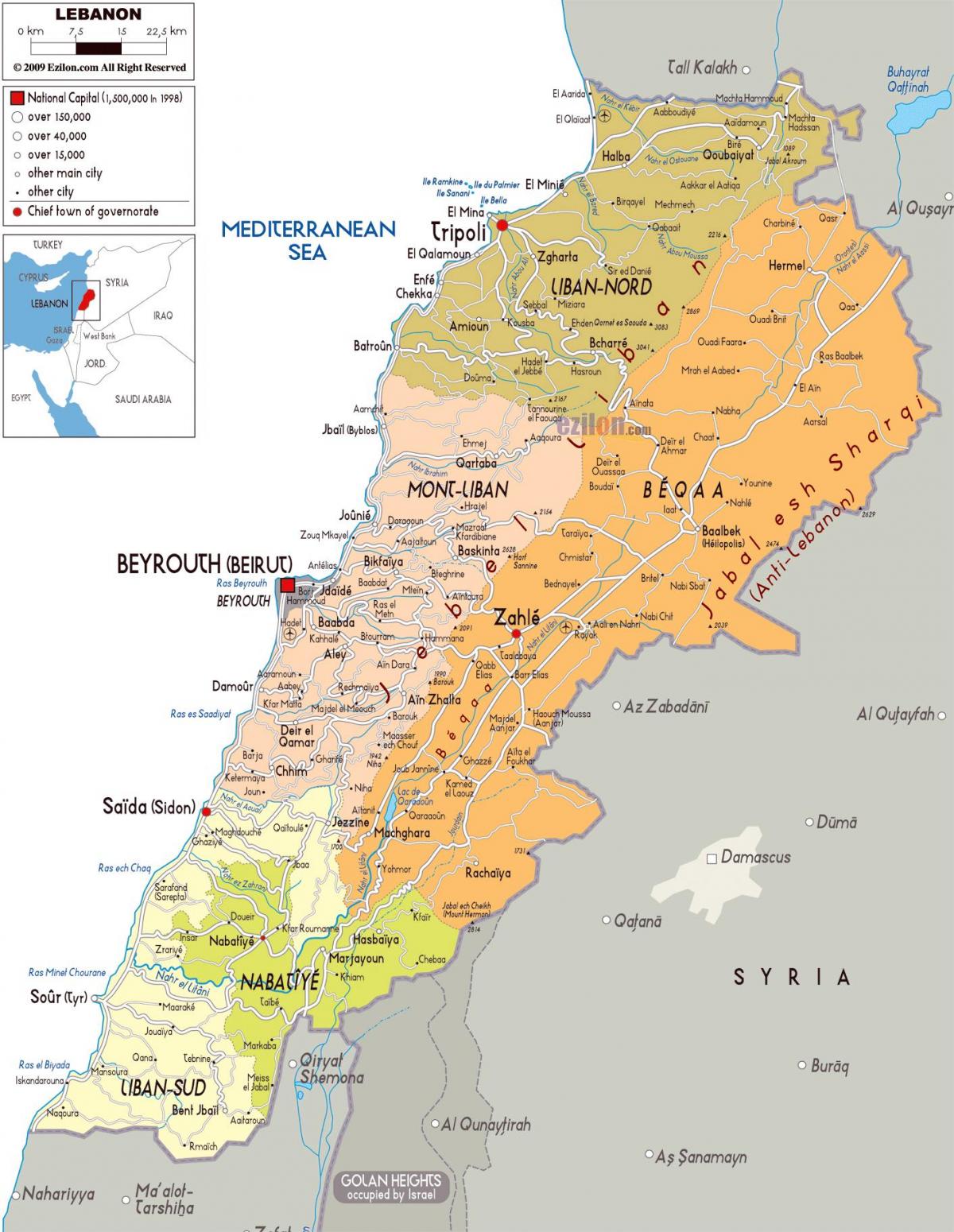 לבנון המפה מפורטת.